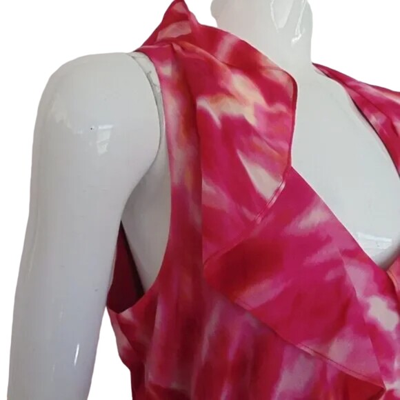 ANN TAYLOR Silk Dress, 10, Pink/Red, Ruffle neck, Sleeveless, Sash belt - Picture 4 of 13